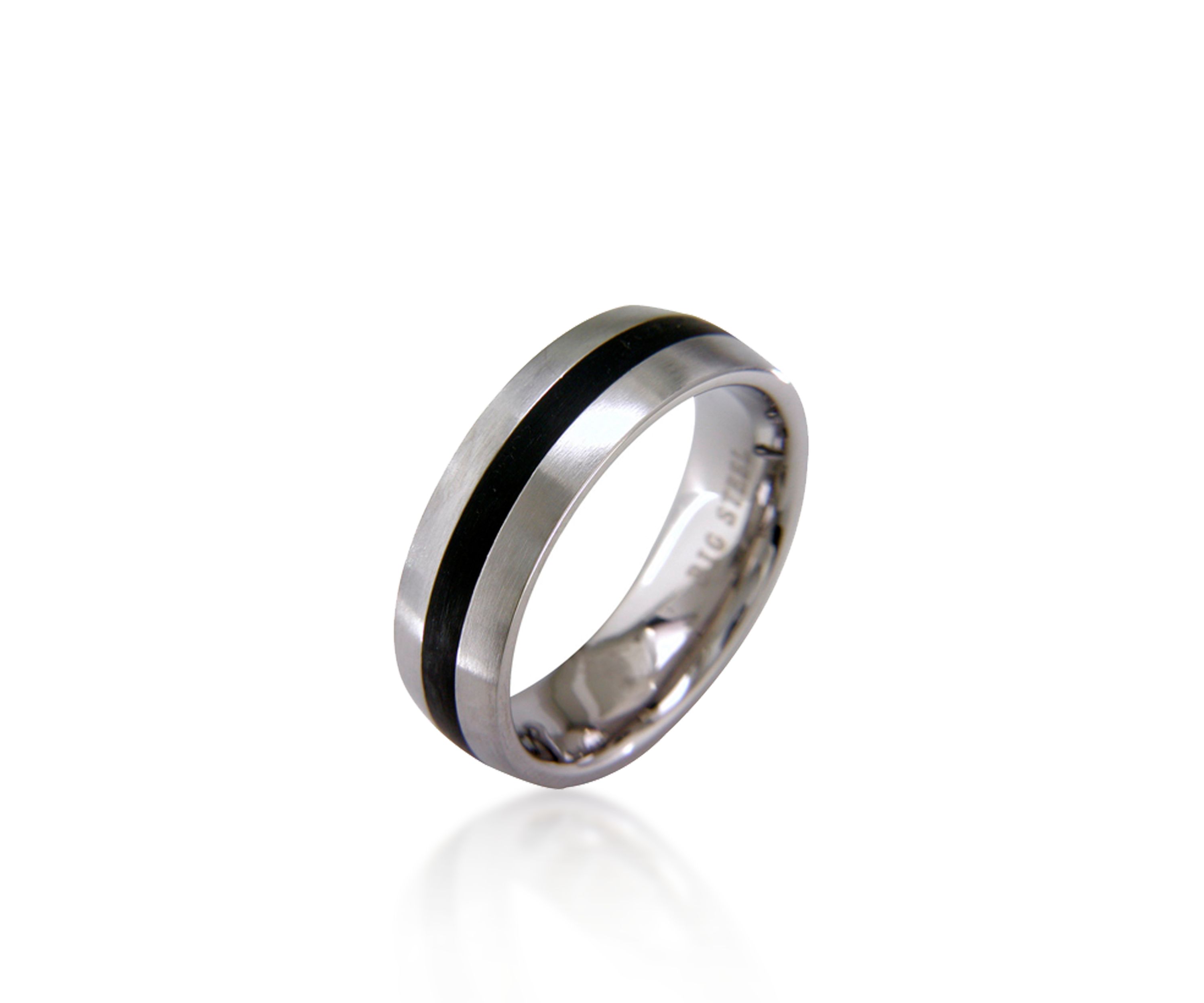 Mens Stainless Steel Ring with Black Resin Stripe