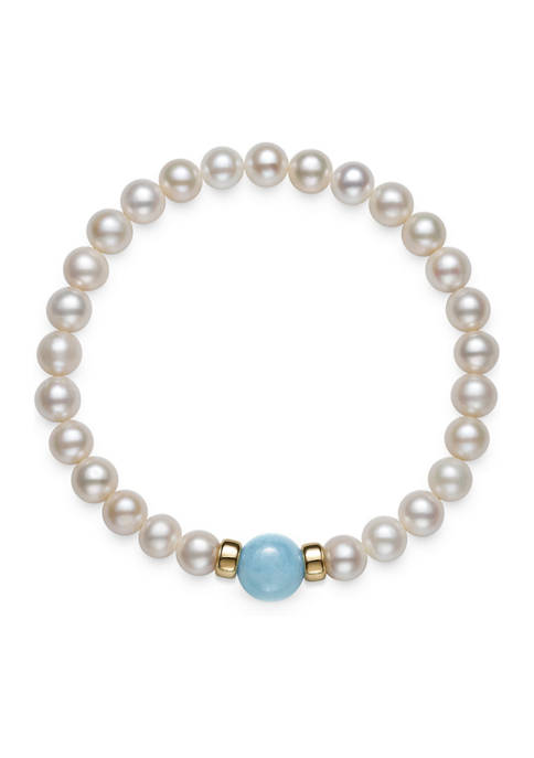 7-8 Millimeter AA Quality Cultured Freshwater Pearl and 10 Millimeter Milky Aquamarine 7.5 Inch Stretch Bracelet in 14K Yellow Gold