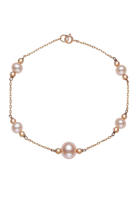 5-8.5 Millimeter Natural Pink Cultured Freshwater Pearl Tin-Cup 7.5 Inch Bracelet in 14K Rose Gold