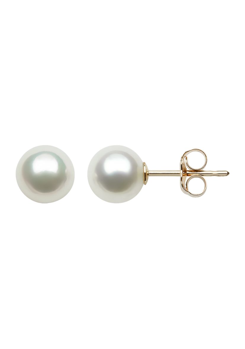 5-6 Millimeter AA Quality Round Cultured Freshwater Pearl Stud Earrings in 14k Yellow Gold