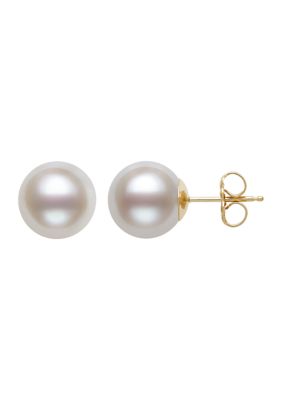 Amour de Pearl 9-10 Millimeter AA Quality Round Cultured Freshwater Pearl Stud Earrings in 14k Yellow Gold, White