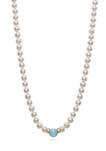 7-8 Millimeter AA Quality Cultured Freshwater Pearl and 10 Millimeter Milky Aquamarine 18 Inch Necklace in 14K Yellow Gold
