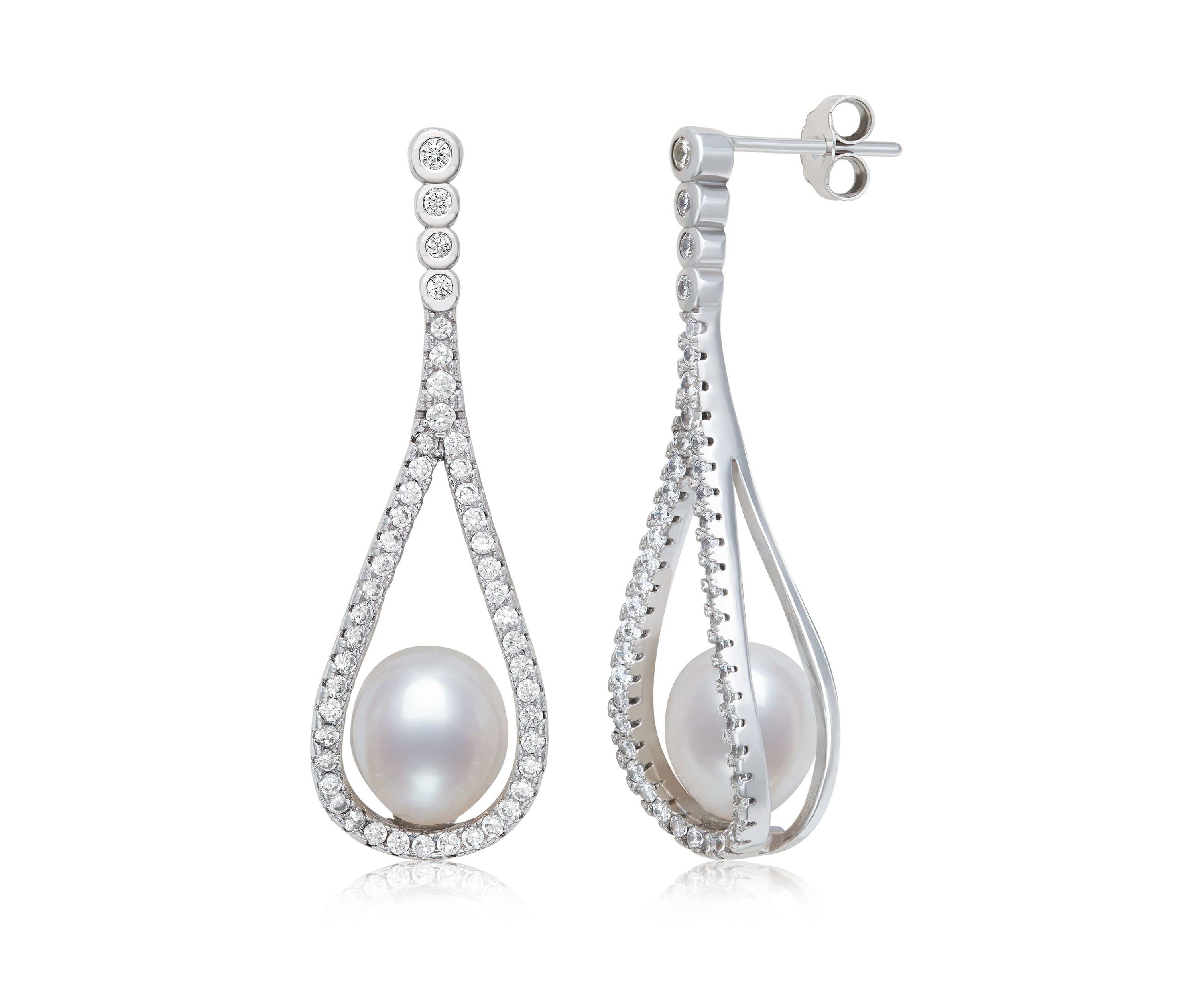 Lab Created STERLING SILVER FWP & LC SAPPHIRE EARRING