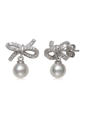 Belk & Co 6-7 Millimeter Cultured Freshwater Pearl and Lab-Created Sapphire Bow Earrings in Sterling Silver, White, 1 in