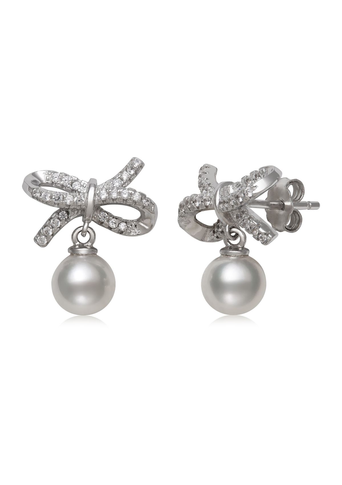 6-7 Millimeter Cultured Freshwater Pearl and Lab-Created Sapphire Bow Earrings in Sterling Silver