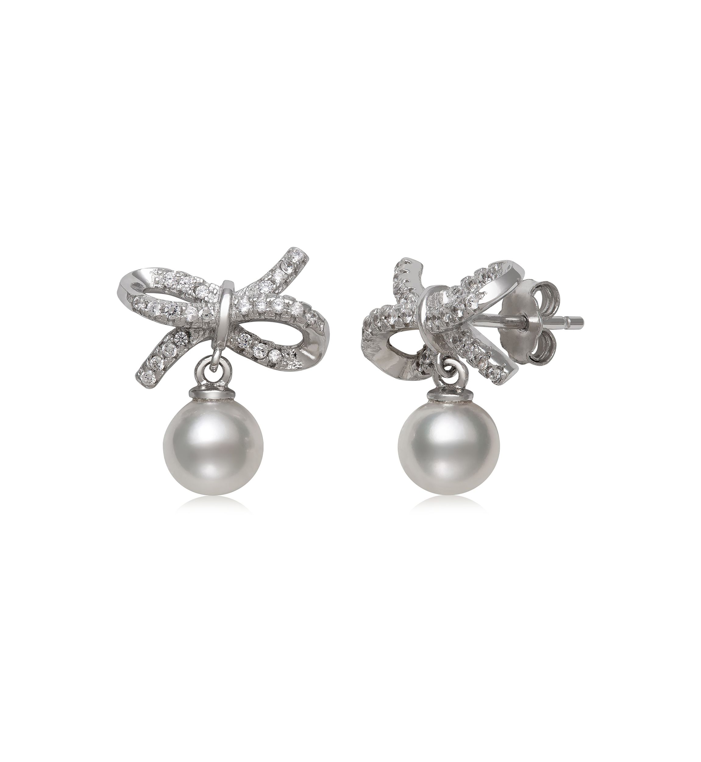 6-7 Millimeter Cultured Freshwater Pearl and Lab-Created Sapphire Bow Earrings in Sterling Silver