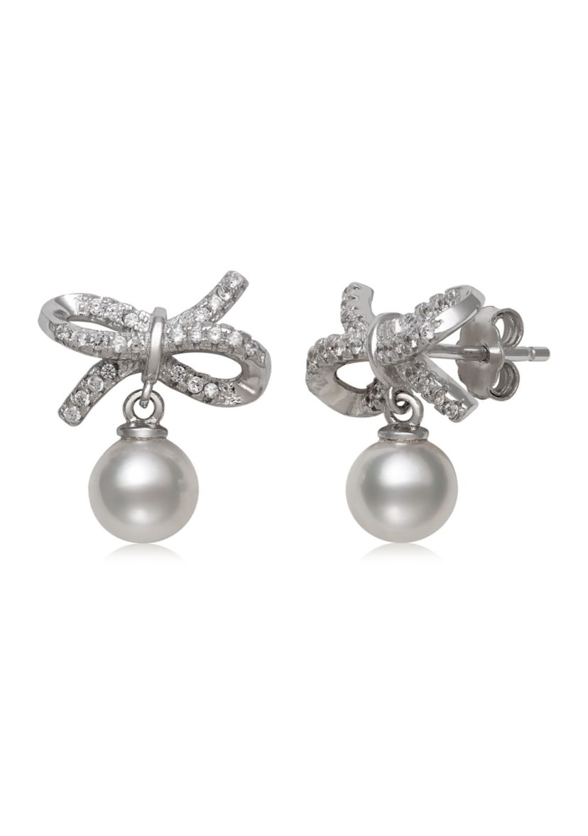 6-7 Millimeter Cultured Freshwater Pearl and Lab-Created Sapphire Bow Earrings in Sterling Silver