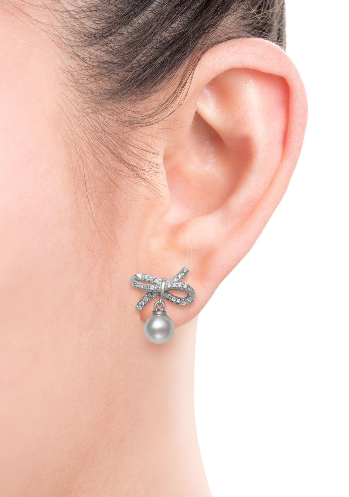 6-7 Millimeter Cultured Freshwater Pearl and Lab-Created Sapphire Bow Earrings in Sterling Silver