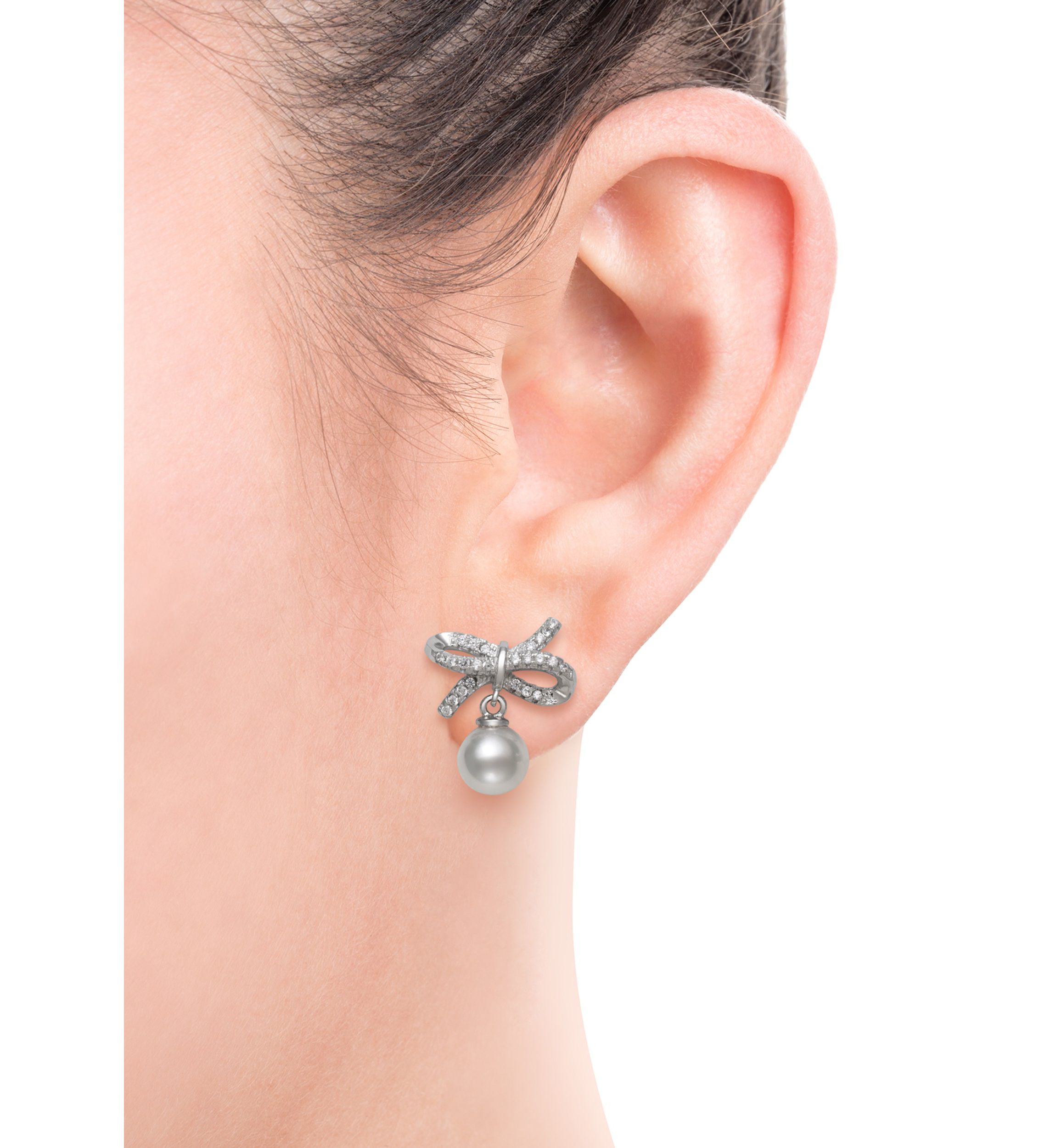 6-7 Millimeter Cultured Freshwater Pearl and Lab-Created Sapphire Bow Earrings in Sterling Silver