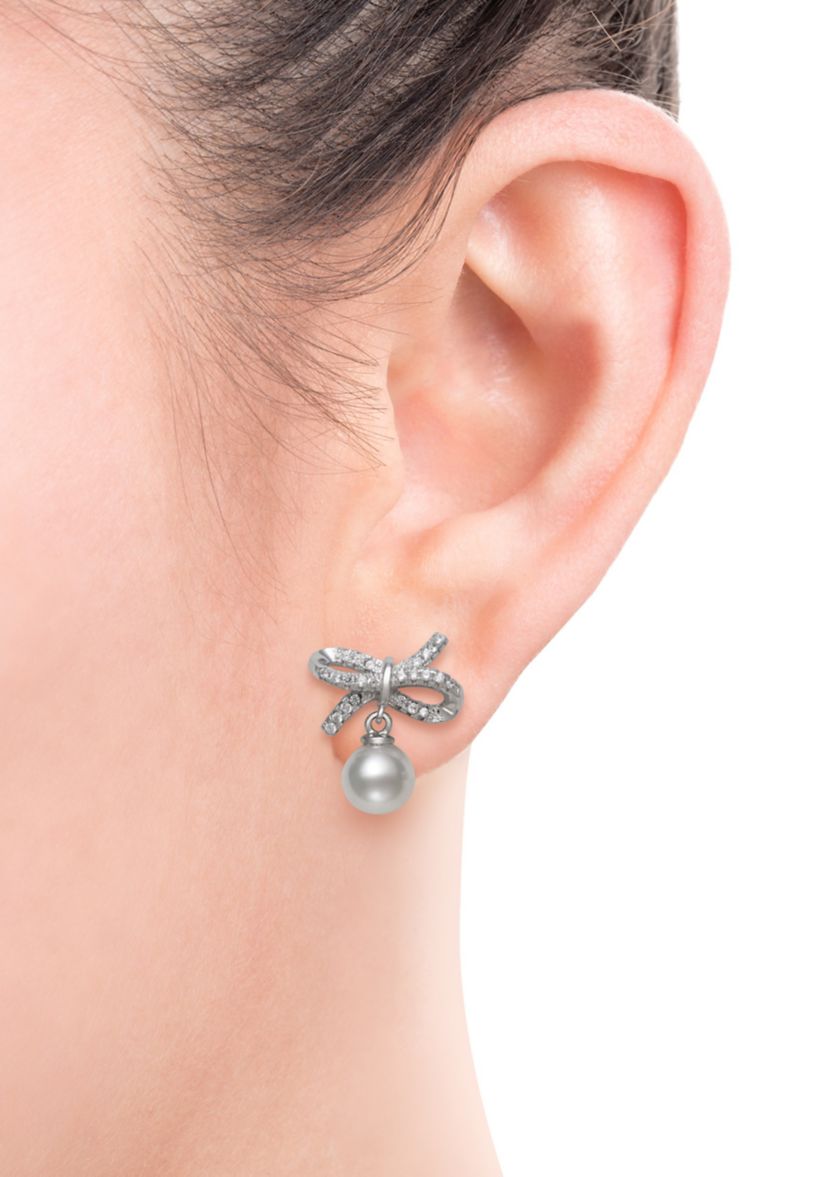 6-7 Millimeter Cultured Freshwater Pearl and Lab-Created Sapphire Bow Earrings in Sterling Silver