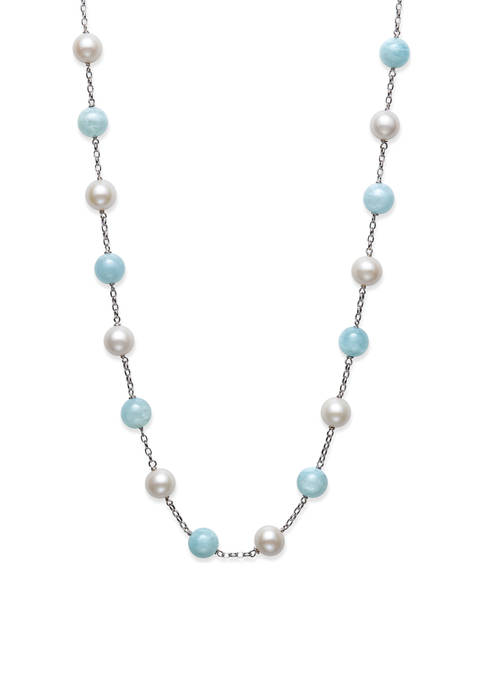 Cultured Freshwater Pearl and Milky Aquamarine Station Necklace in Sterling Silver