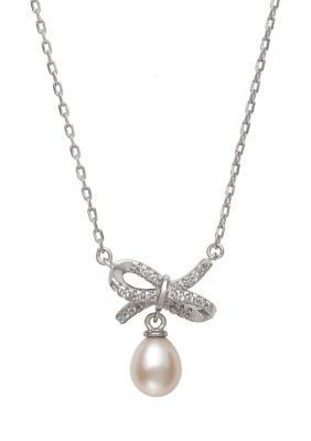Belk & Co 6-7 Millimeter Cultured Freshwater Pearl and Lab Created Sapphire Bow 18 Inch Necklace in Sterling Silver, White