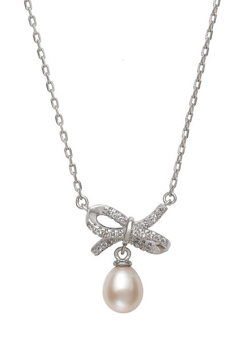 6-7 Millimeter Cultured Freshwater Pearl and Lab Created Sapphire Bow 18 Inch Necklace in Sterling Silver
