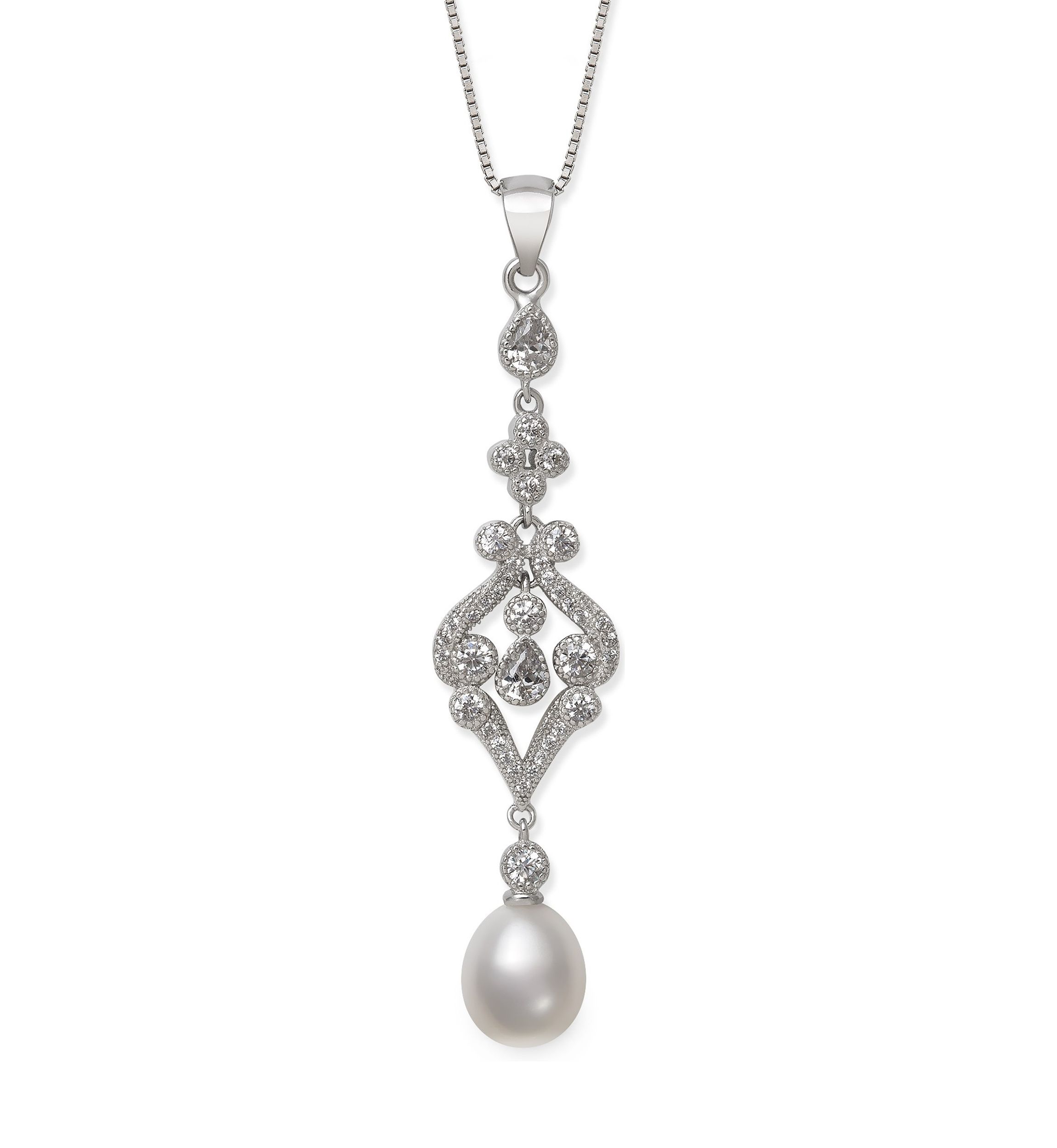 8-9 Millimeter Cultured Freshwater Pearl and Lab Created Sapphire Chandelier Pendant with 18 Inch Box Chain in Sterling Silver