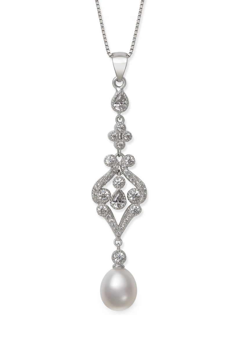 8-9 Millimeter Cultured Freshwater Pearl and Lab Created Sapphire Chandelier Pendant with 18 Inch Box Chain in Sterling Silver
