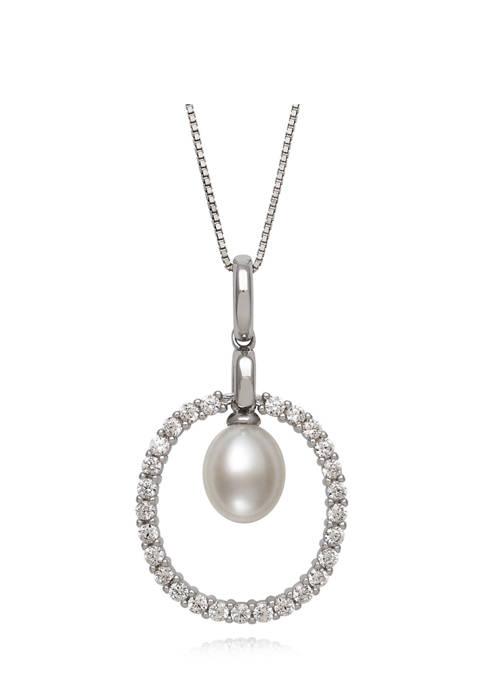 7-8 Millimeter Cultured Freshwater Pearl and Lab Created Sapphire Pendant with 18 Inch Box Chain in Sterling Silver