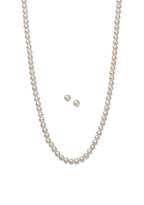 Cultured Freshwater Pearl Necklace and Stud Earring Set in Sterling Silver