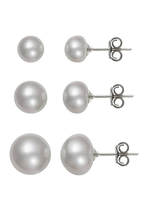 White Cultured Freshwater Pearl 3-Pair Stud Earring Set in Sterling Silver