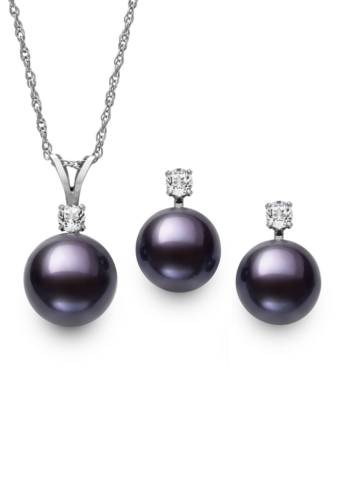 Lab Created STERLING SILVER 9-10MM BLACK FWP AND WHITE TOPAZ EARR AND PEND SET