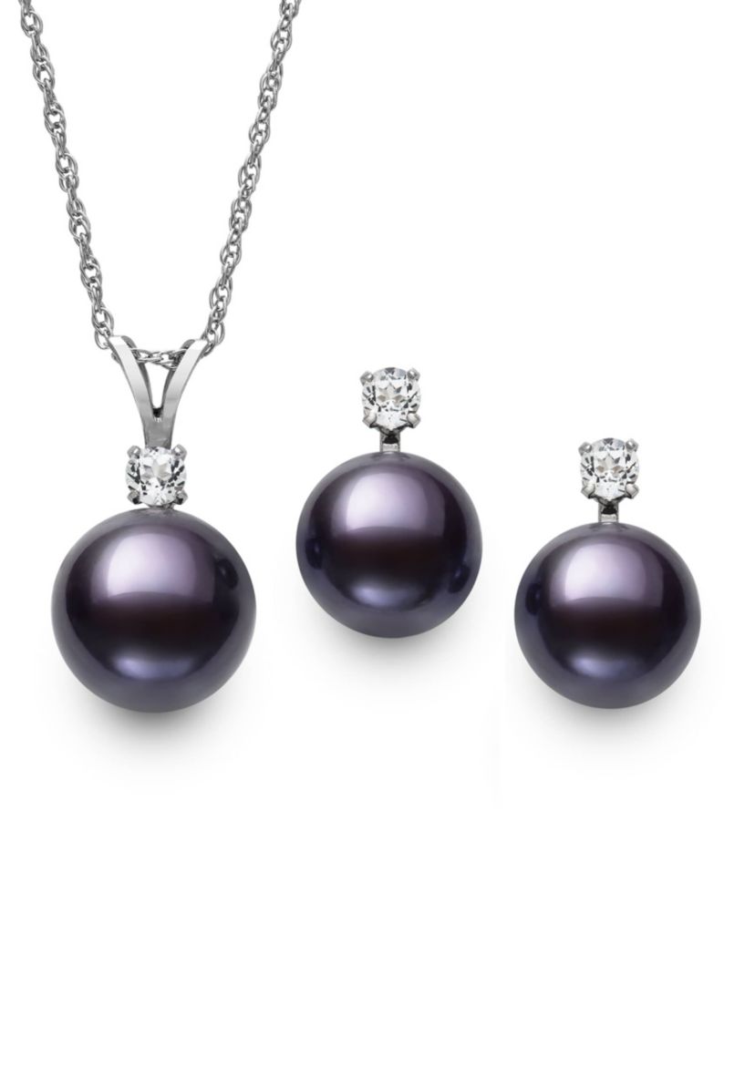 Lab Created STERLING SILVER 9-10MM BLACK FWP AND WHITE TOPAZ EARR AND PEND SET