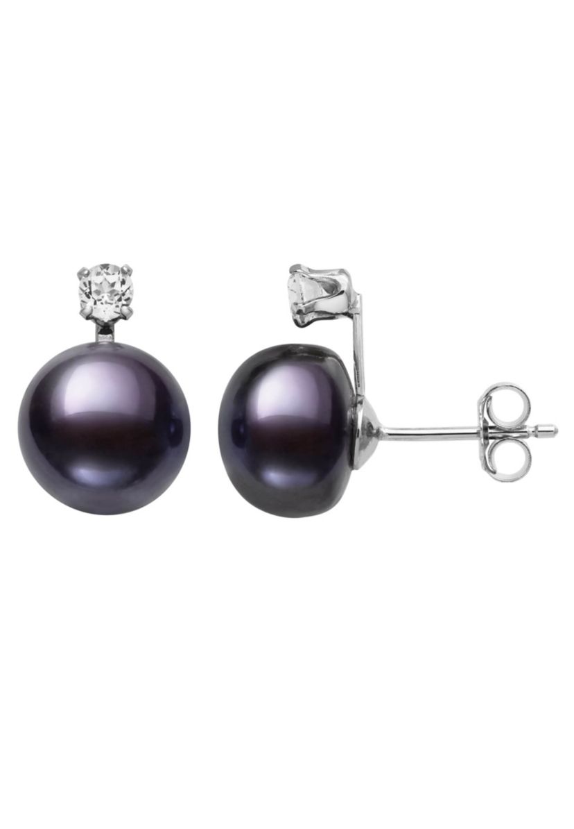 Lab Created STERLING SILVER 9-10MM BLACK FWP AND WHITE TOPAZ EARR AND PEND SET