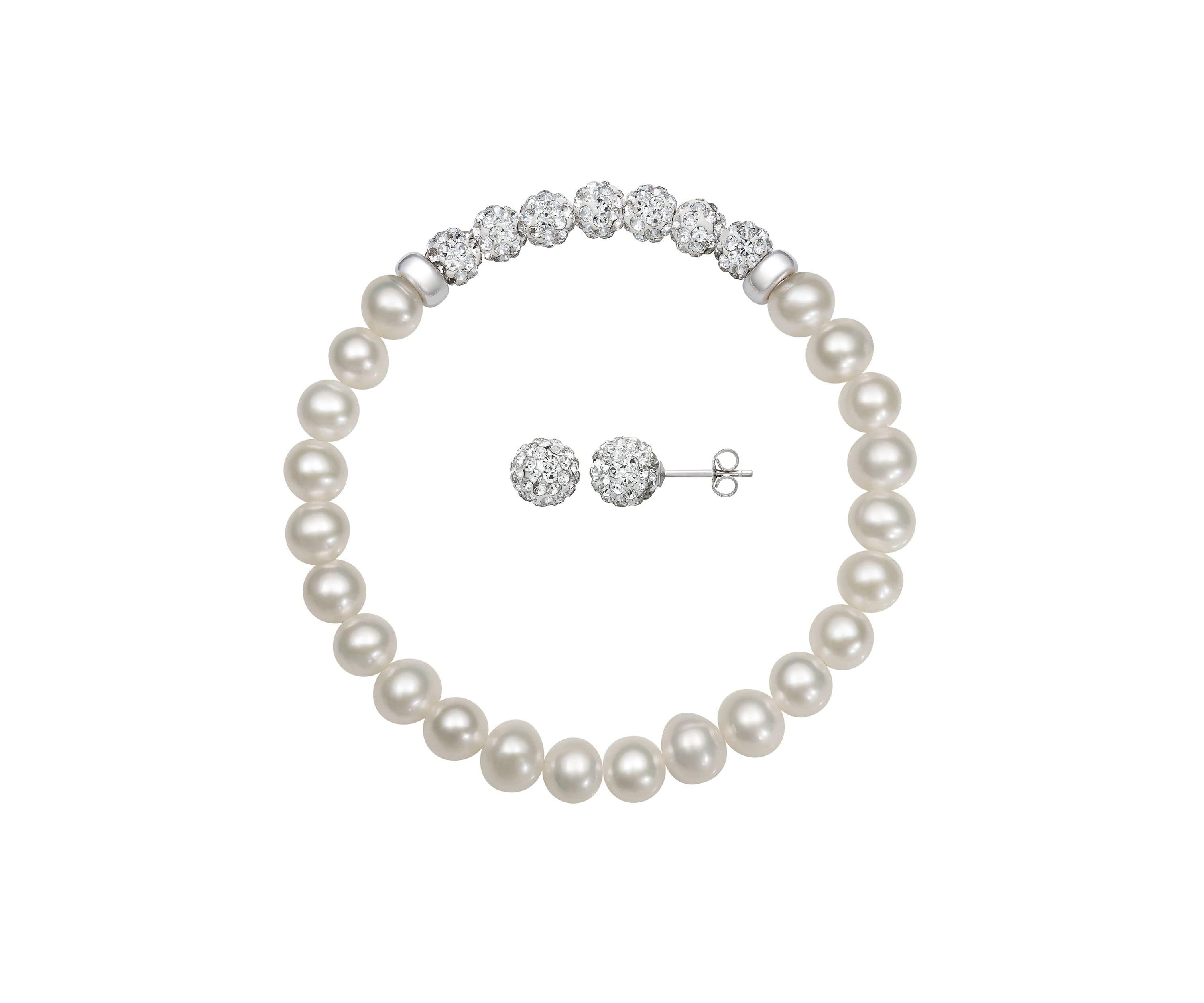 Lab Created STERLING SILVER FWP & CRYSTAL BRACELET & STUD SET