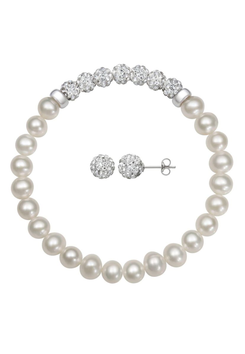 Lab Created STERLING SILVER FWP & CRYSTAL BRACELET & STUD SET