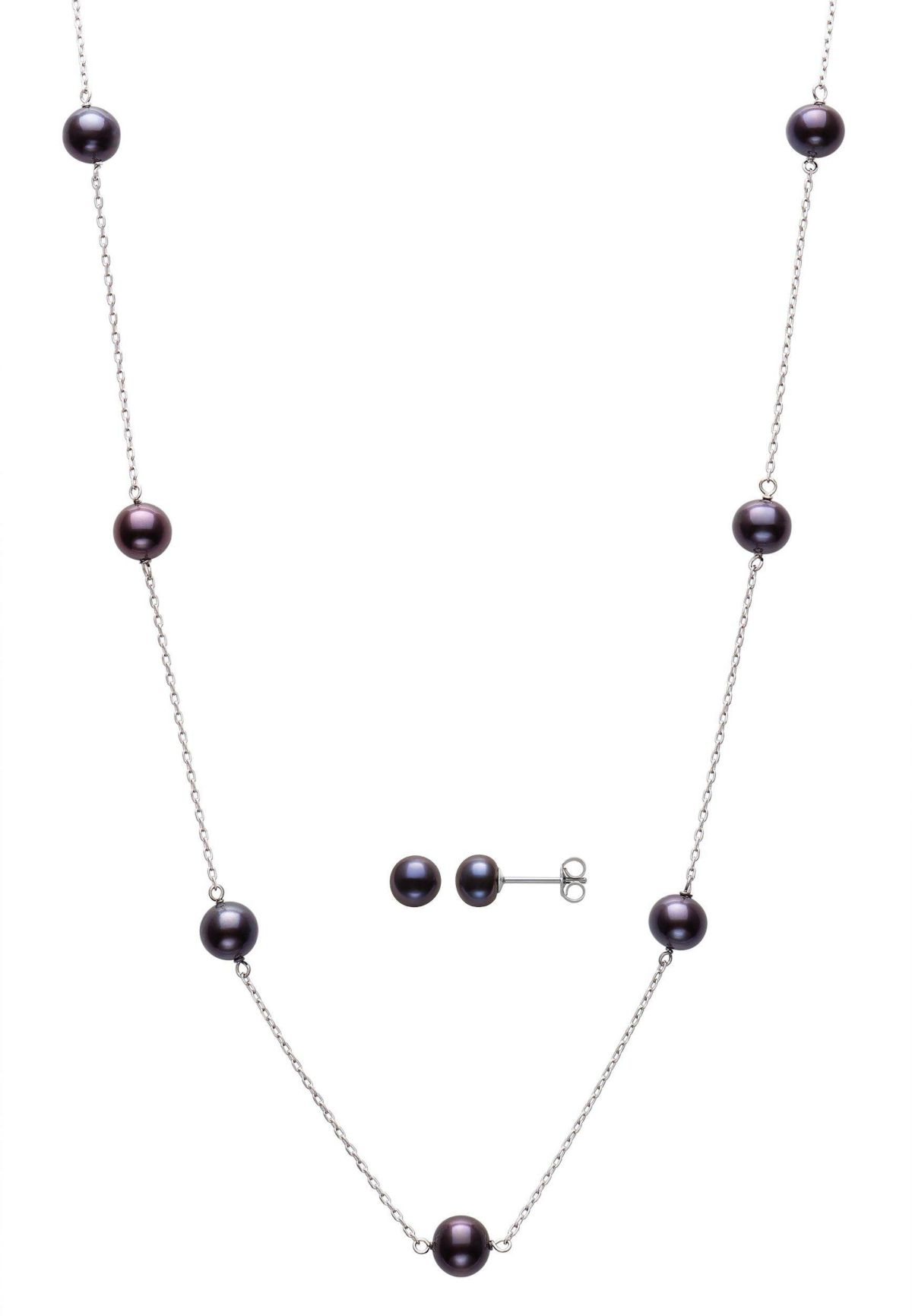 SILVER PEACOCK BLACK 6-7MM FWP 18" TINCUP & STUD SET