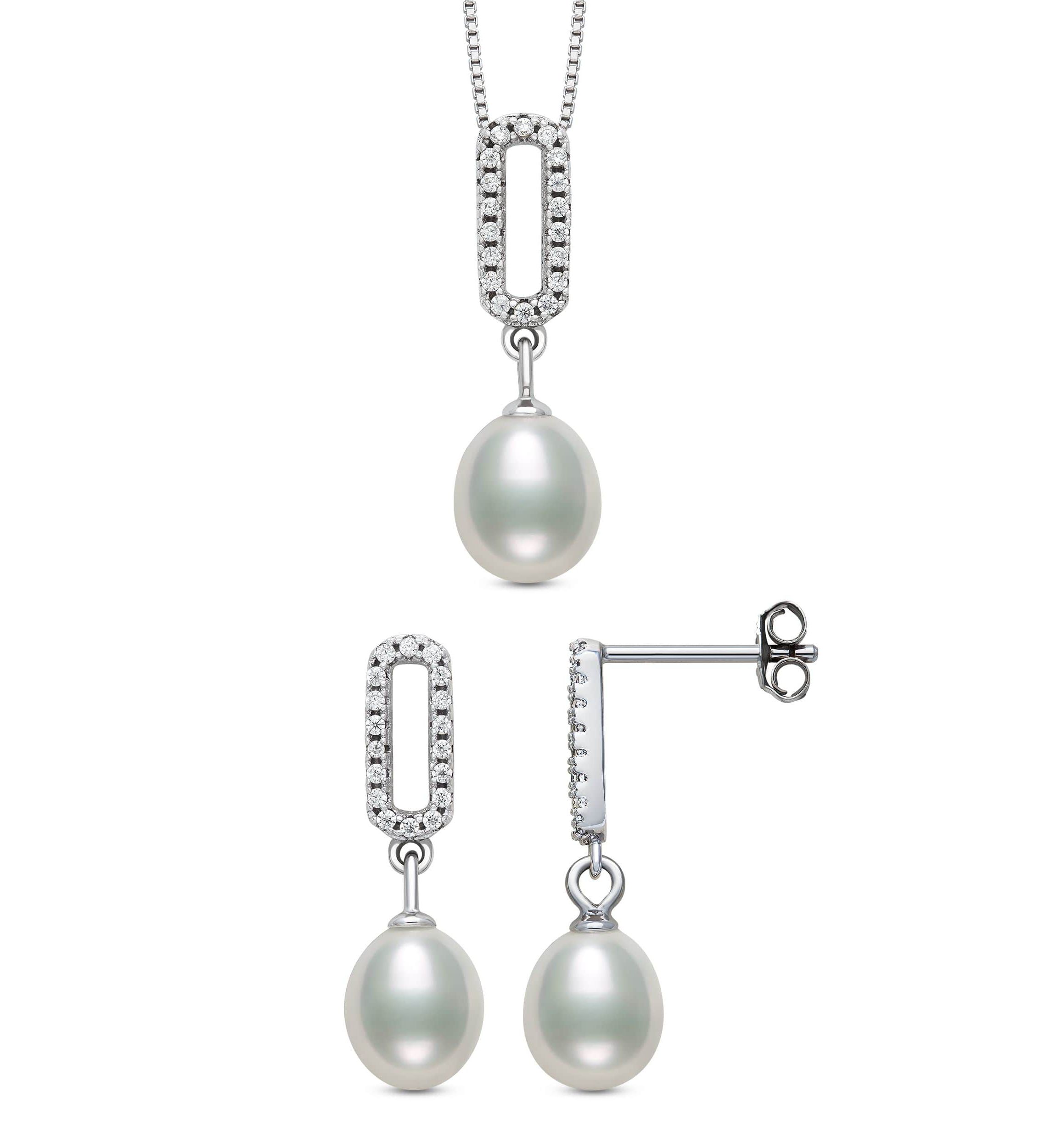 Lab Created STERLING SILVER FWP & LC SAPPHIRE PEND AND EARR SET