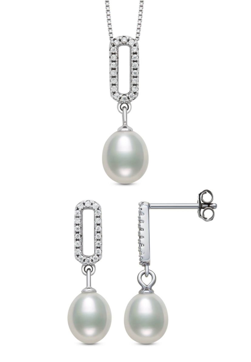 Lab Created STERLING SILVER FWP & LC SAPPHIRE PEND AND EARR SET