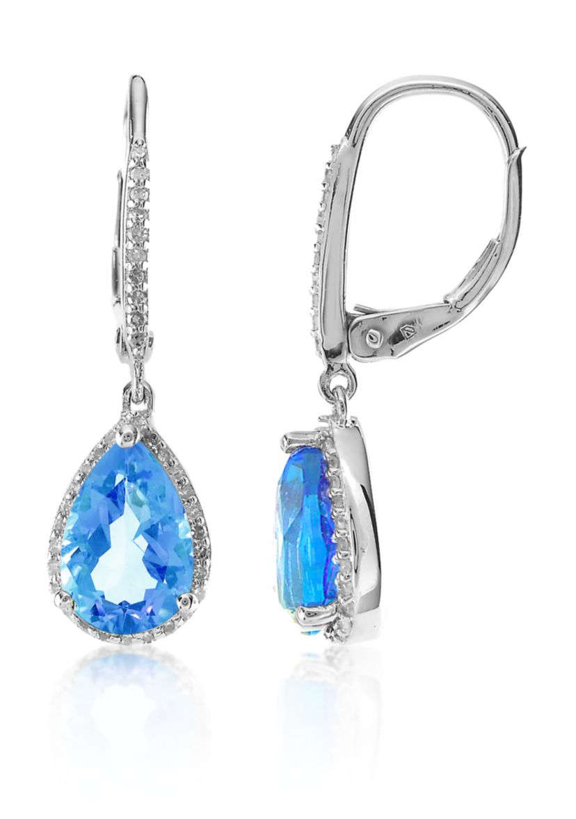Swiss Blue Topaz and Diamond Earrings Set in Sterling Silver