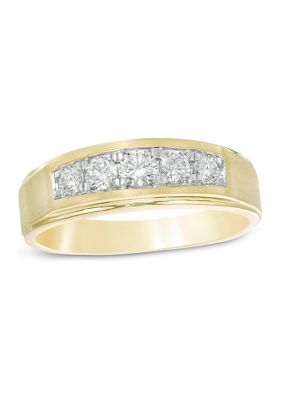 Diamaison Men's 1/2 Ct. T.w. Diamond Five Stone Beveled-Edge Satin Wedding Band In 10K Gold