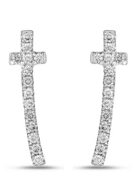 Diamaison 1/4 Ct. T.w. Diamond Curved Cross Crawler Earrings In 10K White Gold