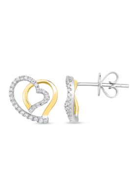 Diamaison 1/5 Ct. T.w. Round Cut Diamond Double Heart Stud Earrings In 10K Two Tone Gold