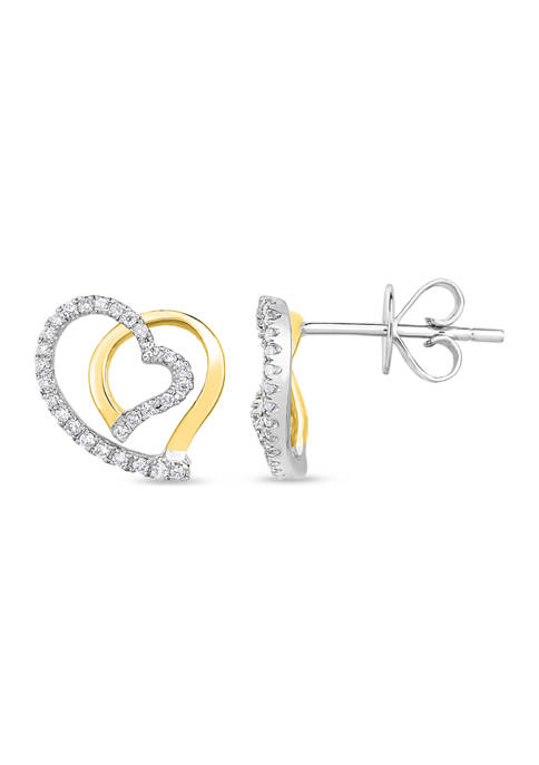  1/5 ct. t.w. Round Cut Diamond Double Heart Stud Earrings in 10K Two Tone Gold 