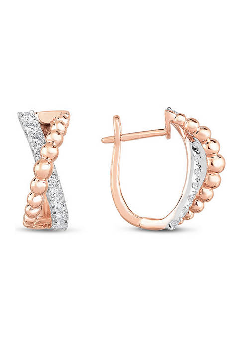 1/2 ct. t.w. Diamond Beaded Crossover Hoop Earrings in 10K Two-Tone Rose Gold