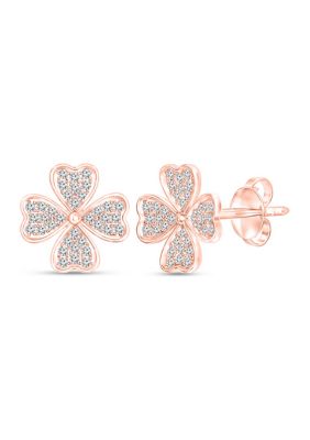 Diamaison 1/4 Ct. T.w Diamond Heart-Shaped Four Leaf Clover Stud Earrings In 10K Rose Gold