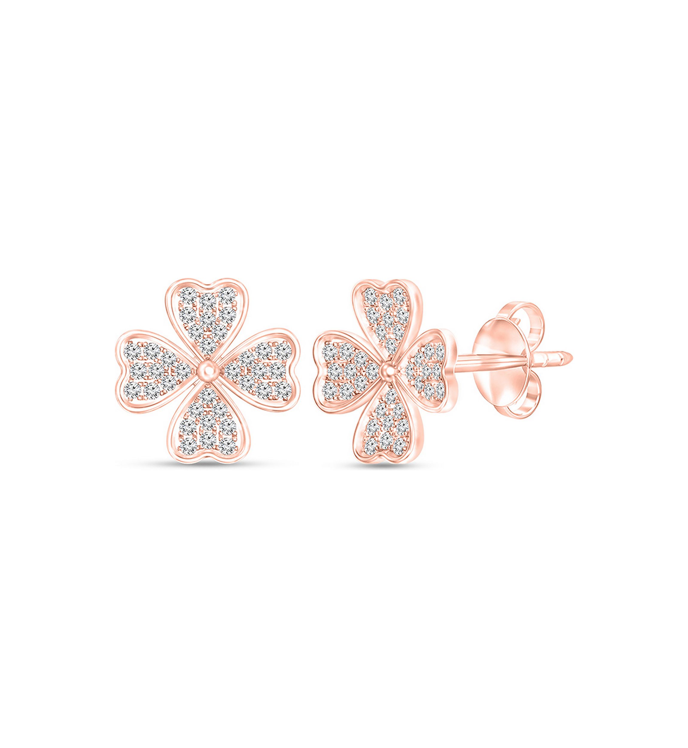 1/4 ct. t.w Diamond Heart-Shaped Four Leaf Clover Stud Earrings in 10K Rose Gold