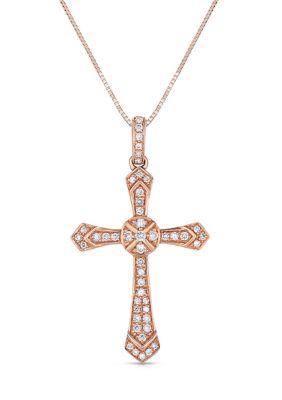 Diamaison 1/4 Ct. T.w. Round-Cut Diamond Cross Pendant In 10K Rose Gold