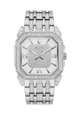 Bulova Men's Crystal Octava Silvertone Stainless Steel Bracelet Watch, 40 Millimeter