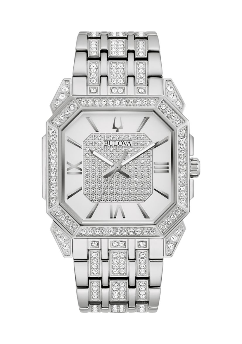 Mens Crystal Octava Silvertone Stainless Steel Bracelet Watch, 40 Millimeter