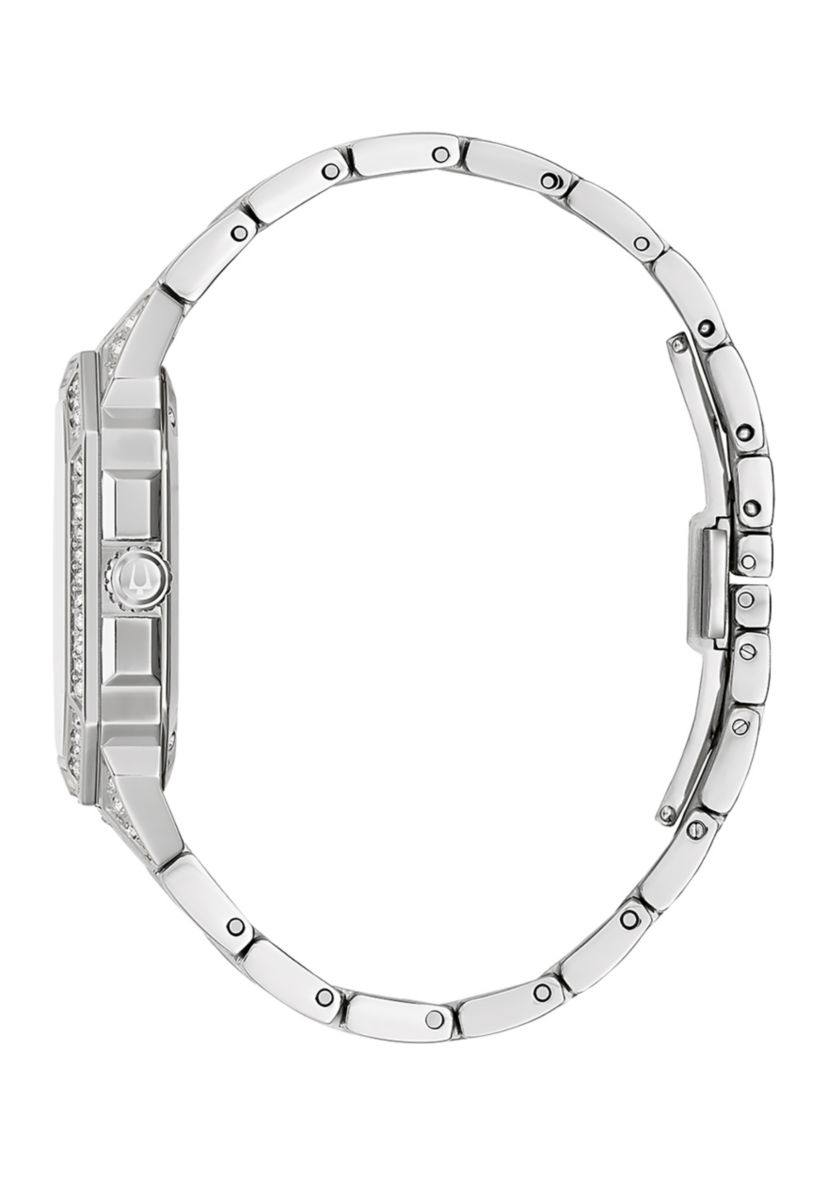 Mens Crystal Octava Silvertone Stainless Steel Bracelet Watch, 40 Millimeter