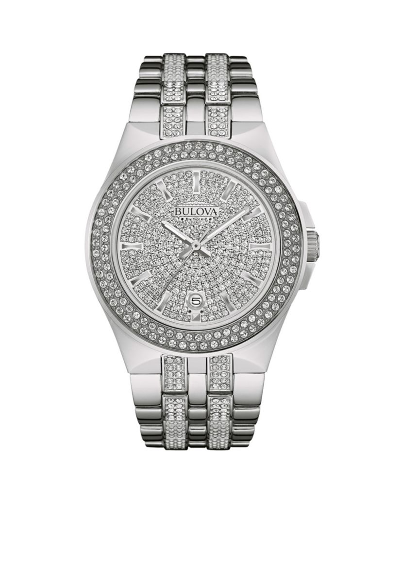Mens Silver-Tone Crystal Watch