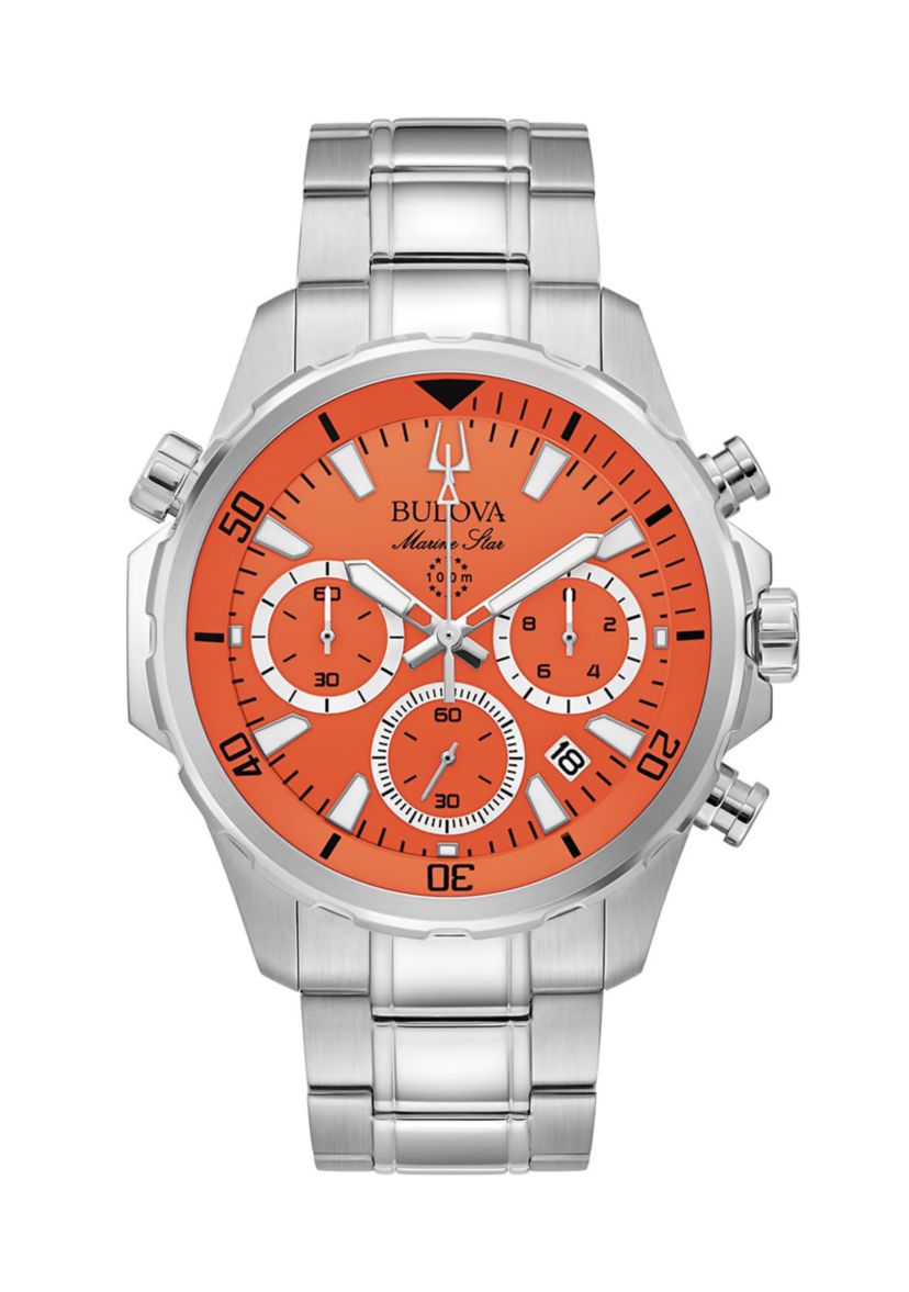 Bulova Mens Marine Star Chronograph Silver-tone Stainless Steel Bracelet Watch, 43.5mm