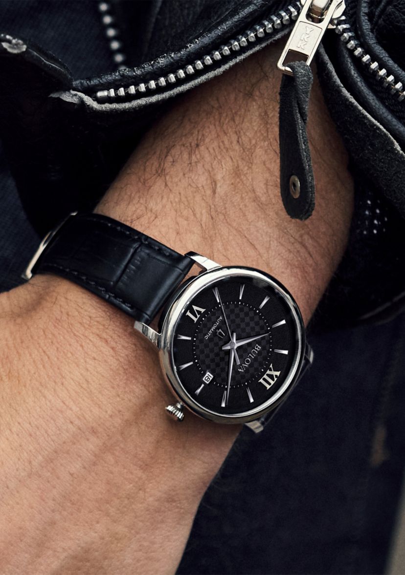 Bulova Mens Classic Hudson Black Leather Strap Watch - 39 Millimeter