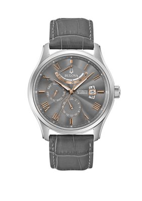 Bulova Men's Automatic Leather Watch, Grey -  0042429570498