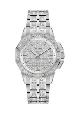 Bulova Women's Crystal Octava Silver-Tone Stainless Steel Bracelet Watch, 36 Millimeter
