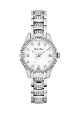 Bulova Women's Crystal Silver Tone Stainless Steel Bracelet Watch With 28.5 Millimeter Case