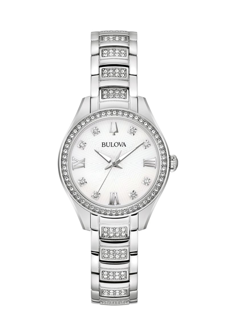 Womens Crystal Silver Tone Stainless Steel Bracelet Watch with 28.5 Millimeter Case