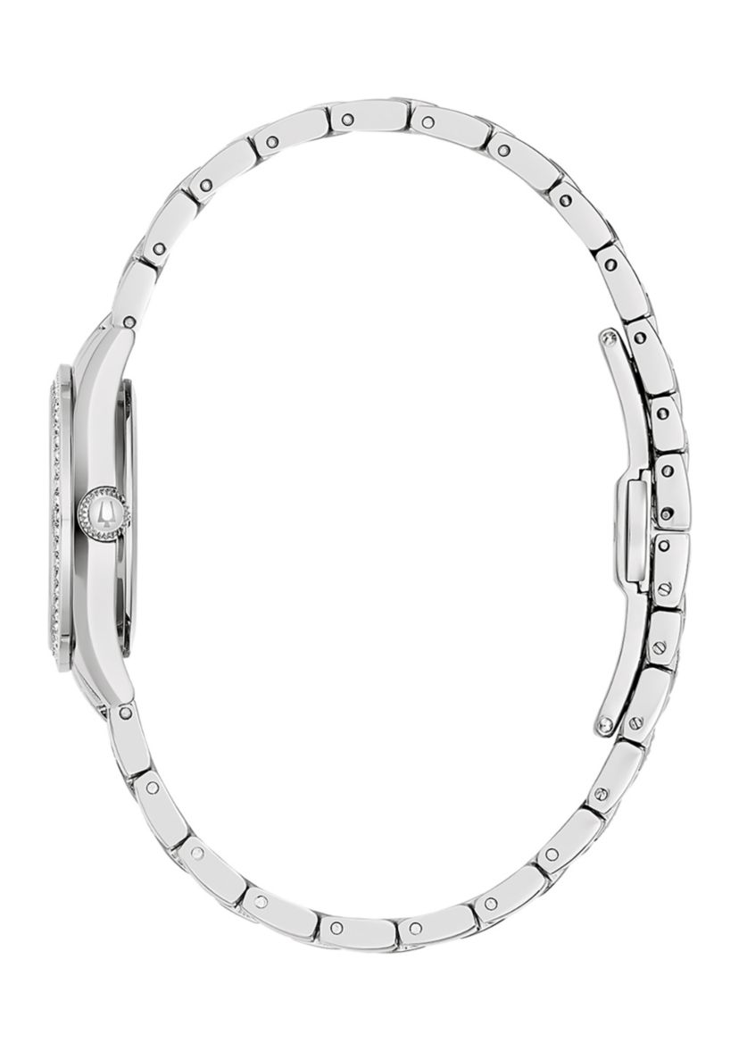 Womens Crystal Silver Tone Stainless Steel Bracelet Watch with 28.5 Millimeter Case